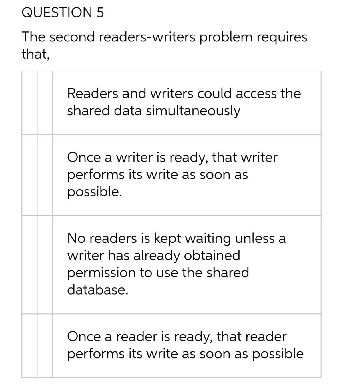 QUESTION 5
The second readers-writers problem requires
that,
Readers and writers could access the
shared data simultaneously
Once a writer is ready, that writer
performs its write as soon as
possible.
No readers is kept waiting unless a
writer has already obtained
permission to use the shared
database.
Once a reader is ready, that reader
performs its write as soon as possible
