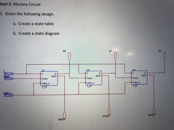 Part 3. Mystery Circuit
1. Given the following design.
a. Create a state table
b. Create a state diagram
Q1
Q2
U1
U2
Clck
Qnot
Onot
Onot
Clock
Clock
Clock
Clearn
Clear_n
Clear
TFF
TFF
T_FF
Clearn
QINOT
Q2NOT
QONOT
