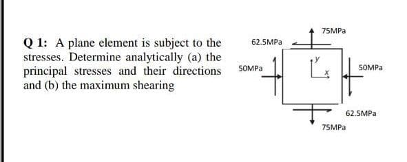 75MPA
Q 1: A plane element is subject to the
stresses. Determine analytically (a) the
principal stresses and their directions
and (b) the maximum shearing
62.5MPA
SOMPA
SOMPA
62.5MPA
75MPA
