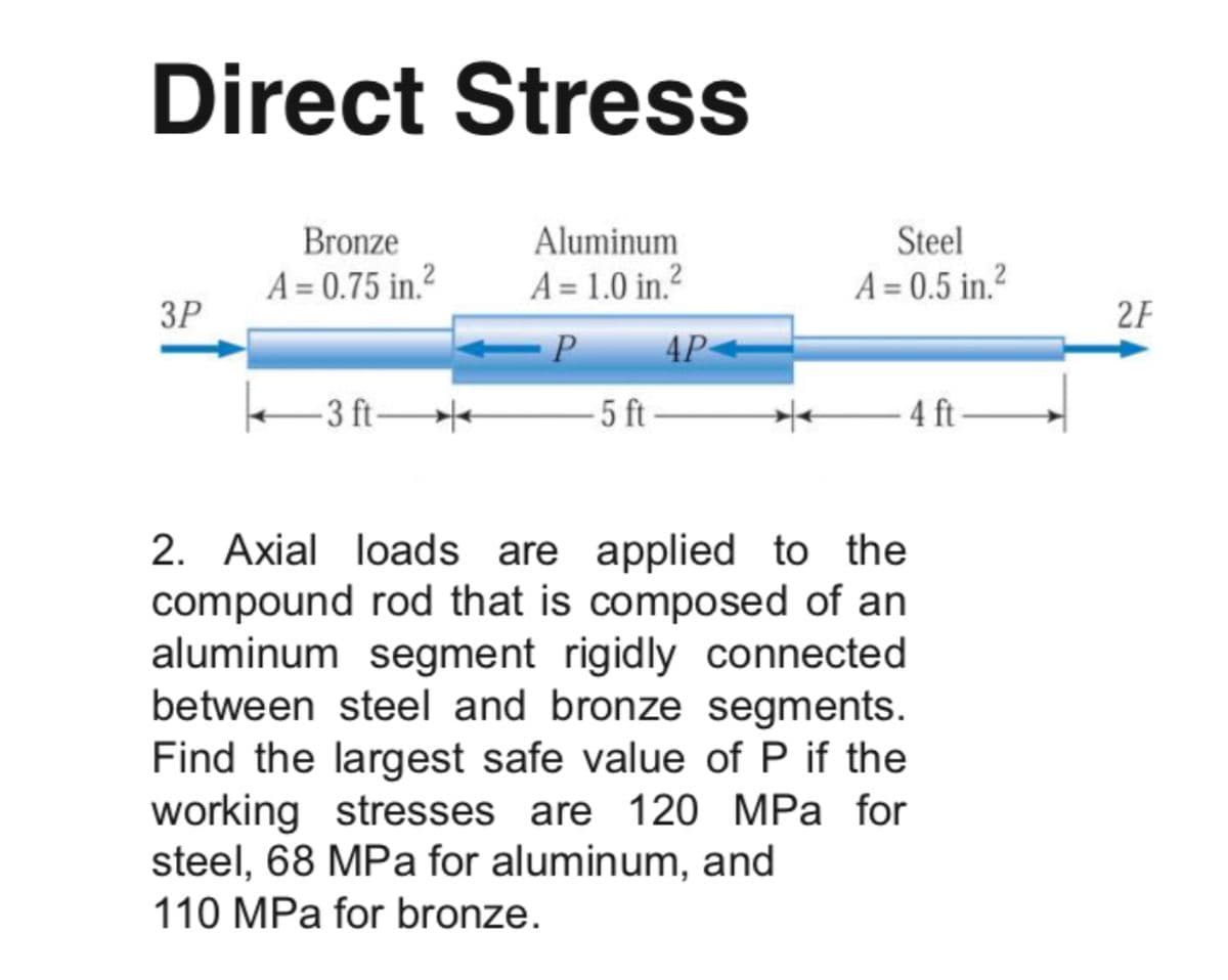 Direct Stress
Bronze
Aluminum
Steel
A = 0.75 in.2
A = 1.0 in.?
A = 0.5 in.?
3P
2F
P
4P-
-3 ft→
5 ft
4 ft-
2. Axial loads are applied to the
compound rod that is composed of an
aluminum segment rigidly connected
between steel and bronze segments.
Find the largest safe value of P if the
working stresses are 120 MPa for
steel, 68 MPa for aluminum, and
110 MPa for bronze.

