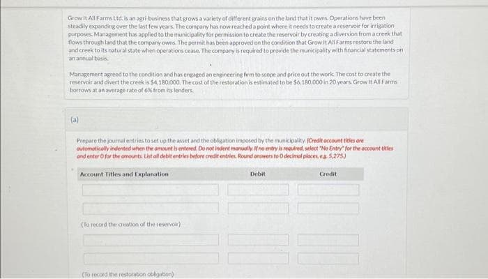 Grow It All Farms Ltd. is an agri-business that grows a variety of different grains on the land that it owns. Operations have been
steadily expanding over the last few years. The company has now reached a point where it needs to create a reservoir for irrigation
purposes. Management has applied to the municipality for permission to create the reservoir by creating a diversion from a creek that
flows through land that the company owns. The permit has been approved on the condition that Grow It All Farms restore the land
and creek to its natural state when operations cease. The company is required to provide the municipality with financial statements on
an annual basis.
Management agreed to the condition and has engaged an engineering firm to scope and price out the work. The cost to create the
reservoir and divert the creek is $4,180,000. The cost of the restoration is estimated to be $6.180.000 in 20 years. Grow It All Farms
borrows at an average rate of 6% from its lenders
(a)
Prepare the journal entries to set up the asset and the obligation imposed by the municipality. (Credit account titles are
automatically indented when the amount is entered. Do not indent manually. If no entry is required, select "No Entry" for the account titles
and enter O for the amounts List all debit entries before credit entries. Round answers to O decimal places, eg. 5,275)
Account Titles and Explanation
(To record the creation of the reservoir)
(To record the restoration obligation)
Debit
Credit