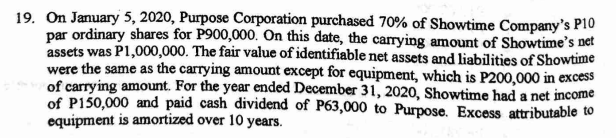 19. On January 5, 2020, Purpose Corporation purchased 70% of Showtime Company's P10
par ordinary shares for P900,000. On this date, the carrying amount of Showtime's net
assets was P1,000,000. The fair value of identifiable net assets and liabilities of Showtime
were the same as the carrying amount except for equipment, which is P200,000 in excess
of carrying amount. For the year ended December 31, 2020, Showtime had a net income
of P150,000 and paid cash dividend of P63,000 to Purpose. Excess attributable to
equipment is amortized over 10 years.
