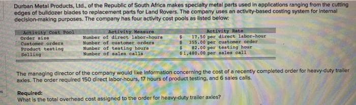 Durban Metal Products, Ltd., of the Republic of South Africa makes specialty metal parts used in applications ranging from the cutting
edges of bulldozer blades to replacement parts for Land Rovers. The company uses an activity-based costing system for internal
decision-making purposes. The company has four activity cost pools as listed below:
Activity cost Pool
Order size
Customer ordera
Product testing
Selling
Activity Measure
Number of direct labor-hours
Number of customer orders
Number of testing hours
Number of salea calla
Activity Rate
17.50 per direct labor-hour
355.00 per customer order
82.00 per testing hour
$1,480.00 per sales call
The managing director of the company would like Information concerning the cost of a recently completed order for heavy-duty trailer
axles. The order required 150 direct labor-hours, 17 hours of product testing, and 6 sales calls.
Required:
What is the total overhead cost assigned to the order for heavy-duty traller axles?
