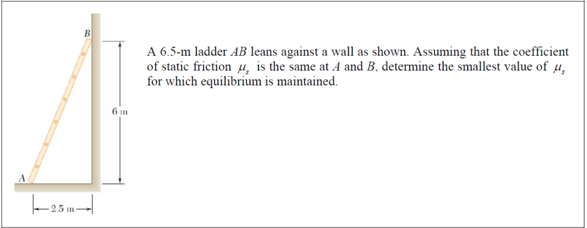 B
A 6.5-m ladder AB leans against a wall as shown. Assuming that the coefficient
of static friction µ̟ is the same at A and B, determine the smallest value of u.
for which equilibrium is maintained.
6 m
A
2.5 m-
