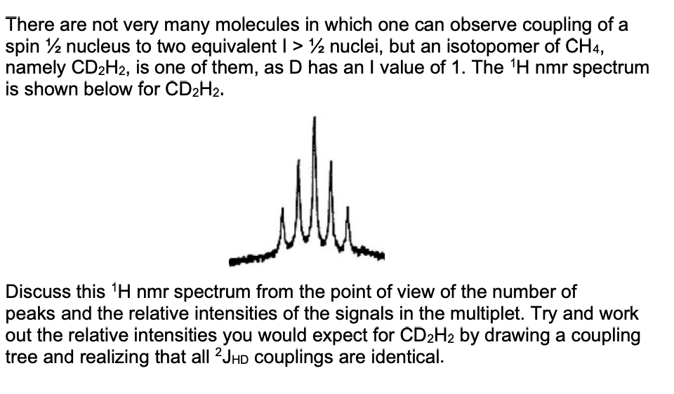 There are not very many molecules in which one can observe coupling of a
spin ½ nucleus to two equivalent 1 > ½ nuclei, but an isotopomer of CH4,
namely CD₂H2, is one of them, as D has an I value of 1. The ¹H nmr spectrum
is shown below for CD₂H2.
Discuss this ¹H nmr spectrum from the point of view of the number of
peaks and the relative intensities of the signals in the multiplet. Try and work
out the relative intensities you would expect for CD₂H₂ by drawing a coupling
tree and realizing that all 2JHD couplings are identical.
