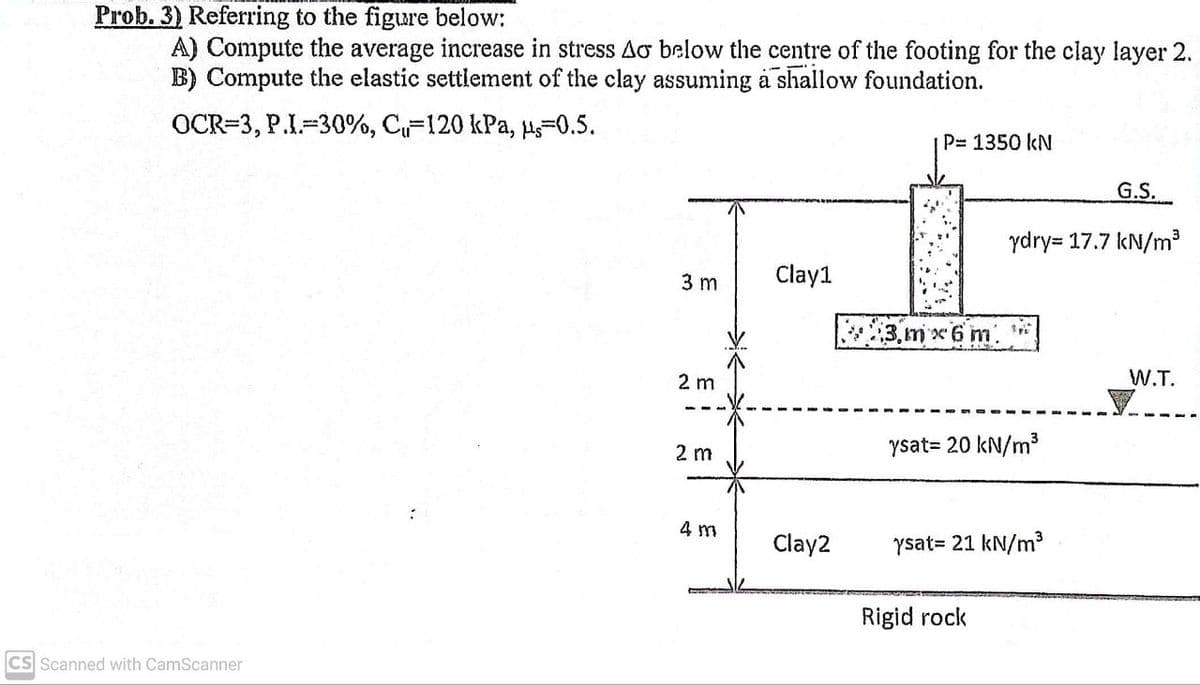 Prob. 3) Referring to the figure below:
A) Compute the average increase in stress Ao below the centre of the footing for the clay layer 2.
B) Compute the elastic settlement of the clay assuming a shallow foundation.
OCR=3, P.I-30%, C-120 kPa, us=0.5.
P= 1350 kN
G.S.
ydry= 17.7 kN/m³
3 m
Clay1
3.mx6 m.
2 m
W.T.
2 m
ysat= 20 kN/m3
4 m
Clay2
ysat= 21 kN/m3
Rigid rock
CS Scanned with CamScanner
