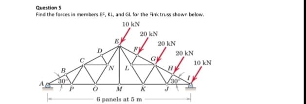 Question 5
Find the forces in members EF, KL, and GL for the Fink truss shown below.
10 kN
20 kN
20 kN
FI
20 kN
10 kN
30
30
M
K
6 panels at 5 m
