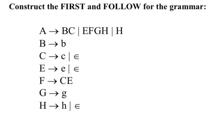 Construct the FIRST and FOLLOW for the grammar:
A → BC | EFGH | H
B → b
C→CE
E → e E
F→ CE
G→g
H→ h|e