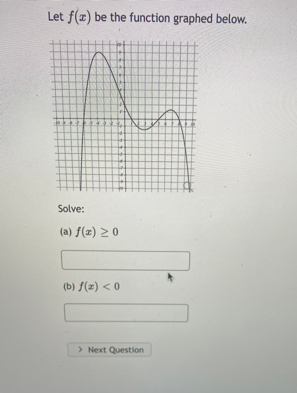 Let f(x) be the function graphed below.
10
6-
-7-
Solve:
(a) f(x) > 0
(b) f(x) < 0
> Next Question
