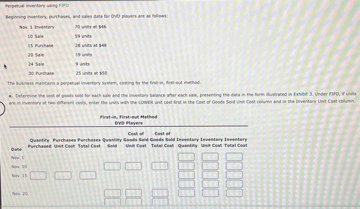 Perpetual inventory using FIFO
Beginning inventory, purchases, and sales data for DVD players are as follows:
Nov. 1 Inventory
70 units at $46
10 Sale
15 Purchase
59 units
28 units at $48
20 Sale
24 Sale
30 Purchase
19 units
9 units
25 units at $50
The business maintains a perpetual inventory system, costing by the first-in, first-out method.
a. Determine the cost of goods sold for each sale and the inventory balance after each sale, presenting the data in the form illustrated in Exhibit 3. Under FIFO, if units
are in inventory at two different costs, enter the units with the LOWER unit cost first in the Cost of Goods Sold Unit Cost column and in the Inventory Unit Cost column.
First-in, First-out Method
DVD Players
Cost of
Cost of
Date
Nov. 1
Nov. 10
Nov. 15
Quantity Purchases Purchases Quantity Goods Sold Goods Sold Inventory Inventory Inventory
Purchased Unit Cost Total Cost Sold
Unit Cost Total Cost Quantity Unit Cost Total Cost
Nov. 20