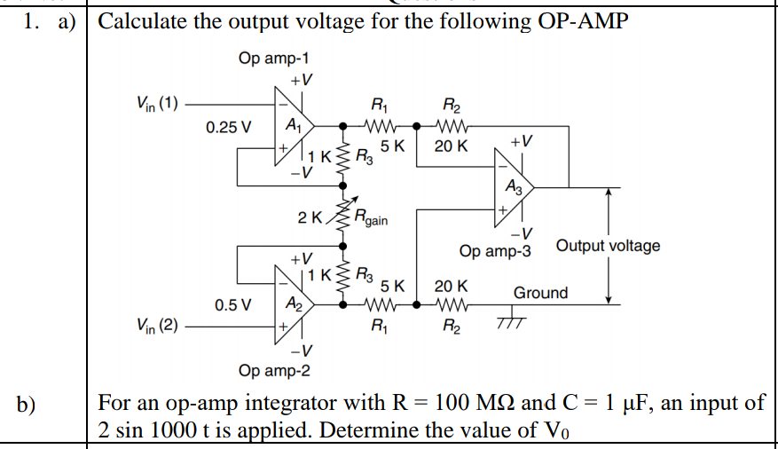 1. a) Calculate the output voltage for the following OP-AMP
Op amp-1
+V
Vin (1)
R,
R2
ww
0.25 V
A,
5 K
20 K
+V
+.
|1K R3
-V
A3
2K Rgain
-V
Op amp-3
Output voltage
+V
| 1KR
5 K
ww ww
R1
20 K
Ground
0.5 V
A2
Vin (2)
R2
-V
Op amp-2
For an op-amp integrator with R = 100 MQ and C = 1 µF, an input of
2 sin 1000 t is applied. Determine the value of Vo
b)
