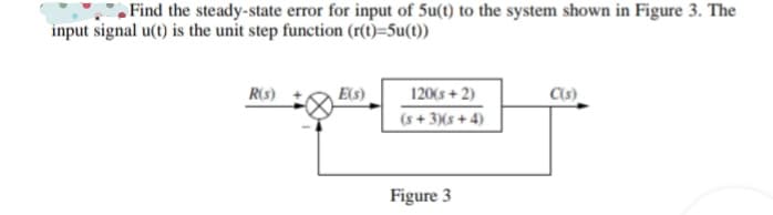 Find the steady-state error for input of 5u(t) to the system shown in Figure 3. The
input signal u(t) is the unit step function (r(t)=5u(t))
R(s)
E(s)
120(s + 2)
Cs)
(s+ 3)(s + 4)
Figure 3
