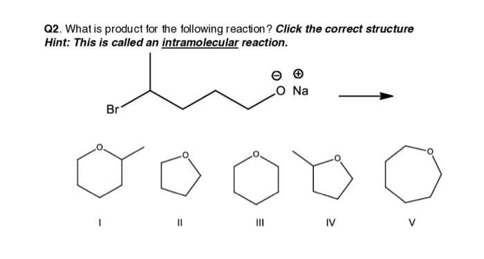 Q2. What is product for the following reaction? Click the correct structure
Hint: This is called an intramolecular reaction.
O Na
Br
II
II
IV

