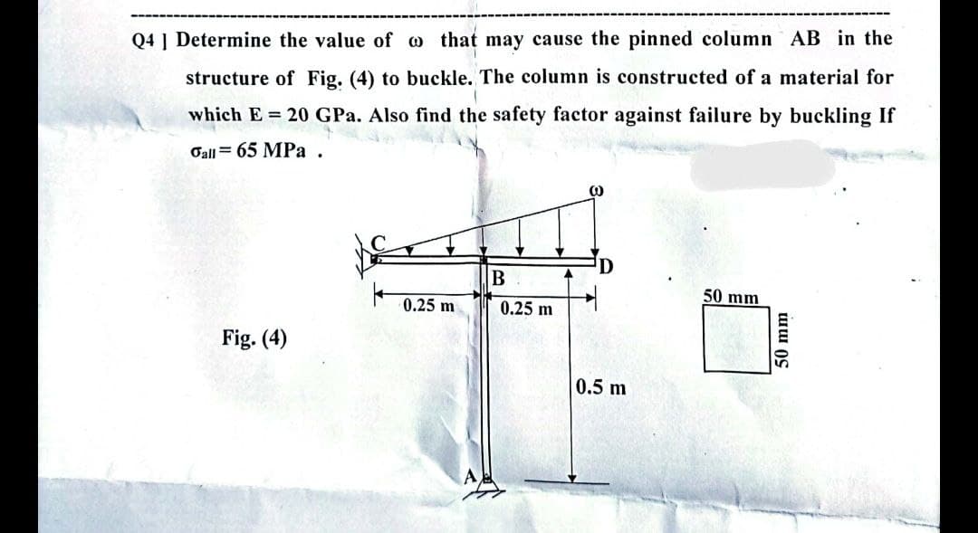 Q4 ] Determine the value of o that may cause the pinned column AB in the
structure of Fig. (4) to buckle. The column is constructed of a material for
which E = 20 GPa. Also find the safety factor against failure by buckling If
Oall = 65 MPa .
50 mm
0.25 m
0.25 m
Fig. (4)
0.5 m
50mm
