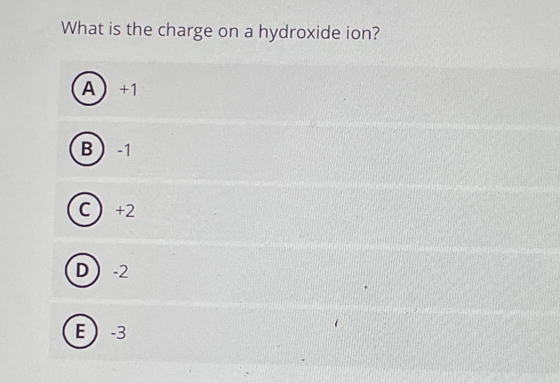What is the charge on a hydroxide ion?
A +1
B
-1
C +2
D
-2
E
-3