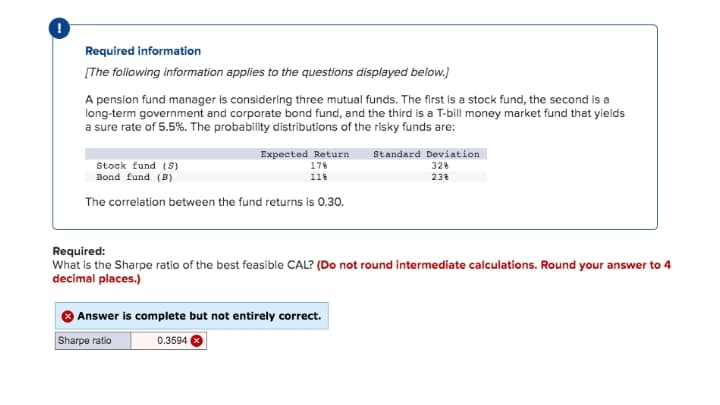 Required information
[The following information applies to the questions displayed below.)
A pension fund manager is considering three mutual funds. The first is a stock fund, the second is a
long-term government and corporate bond fund, and the third is a T-bill money market fund that yields
a sure rate of 5.5%. The probability distributions of the risky funds are:
Expected Return
Standard Deviation
Stock fund (Ss)
Bond fund (B)
176
328
11
238
The correlation between the fund returns is 0.30.
Required:
What is the Sharpe ratio of the best feasible CAL? (Do not round intermediate calculations. Round your answer to 4
decimal places.)
Answer is complete but not entirely correct.
Sharpe ratio
0.3594
