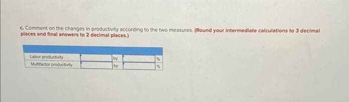 c. Comment on the changes in productivity according to the two measures. (Round your intermediate calculations to 3 decimal
places and final answers to 2 decimal places.)
Labor productivity
by
by
Multifactor productivity
