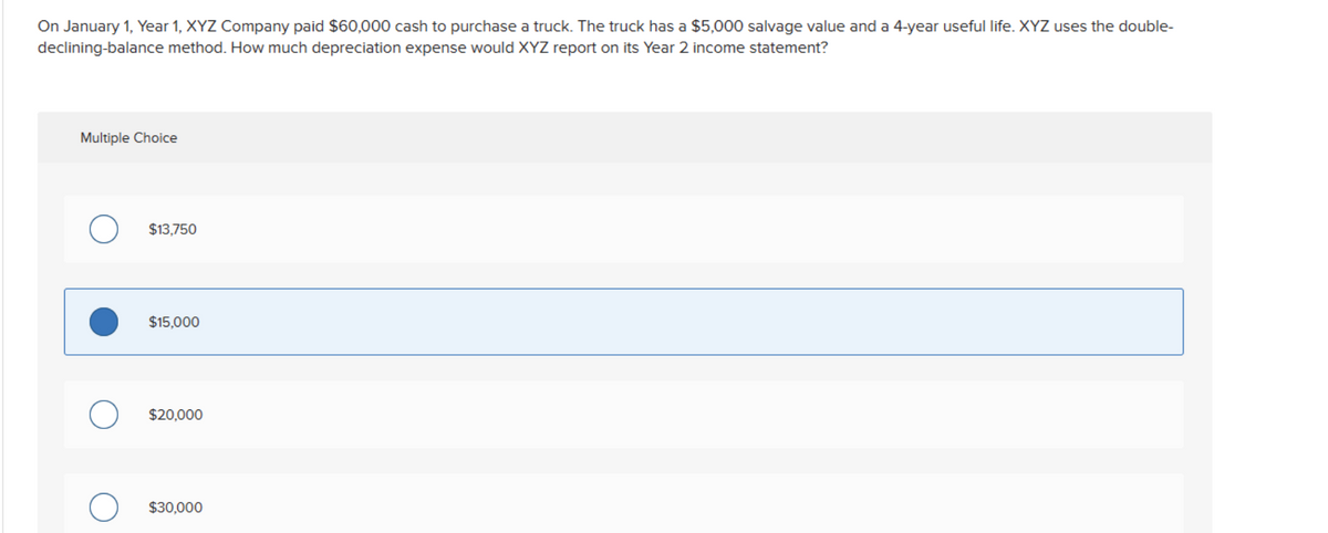On January 1, Year 1, XYZ Company paid $60,000 cash to purchase a truck. The truck has a $5,000 salvage value and a 4-year useful life. XYZ uses the double-
declining-balance method. How much depreciation expense would XYZ report on its Year 2 income statement?
Multiple Choice
О
$13,750
$15,000
о
○ $20,000
О
$30,000