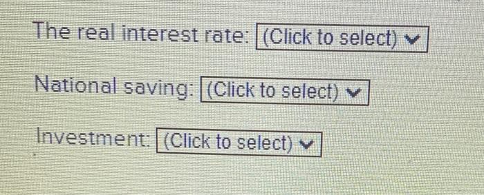 The real interest rate: (Click to select)
National saving: (Click to select)
Investment: (Click to select)
V