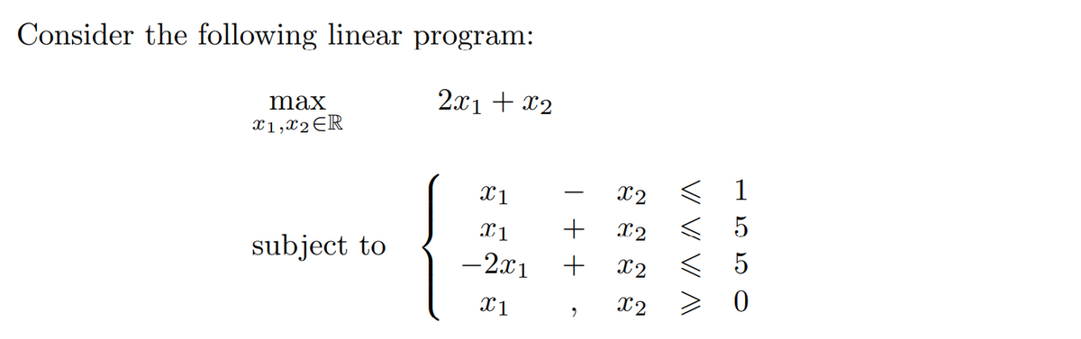 Consider the following linear program:
2x1 + x2
max
x1,x2 ER
subject to
X1
£1
-2x1
X1
+
+
9
x2
X2
x2
x2