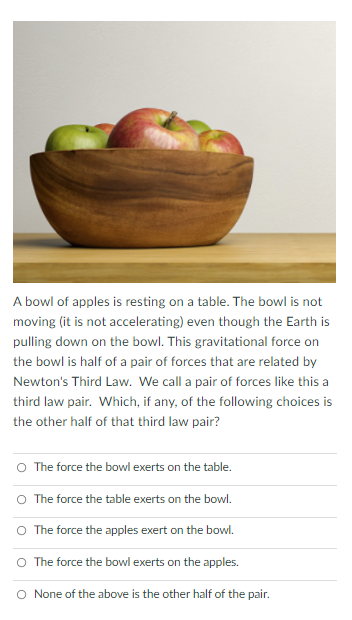 A bowl of apples is resting on a table. The bowl is not
moving (it is not accelerating) even though the Earth is
pulling down on the bowl. This gravitational force on
the bowl is half of a pair of forces that are related by
Newton's Third Law. We call a pair of forces like this a
third law pair. Which, if any, of the following choices is
the other half of that third law pair?
O The force the bowl exerts on the table.
O The force the table exerts on the bowl.
O The force the apples exert on the bowl.
O The force the bowl exerts on the apples.
O None of the above is the other half of the pair.

