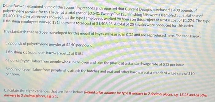 Diane Buswell examined some of the accounting records and reported that Current Designs purchased 1,400 pounds of
polyethylene powder for this order at a total cost of $3,640. Twenty Five (25) finishing kits were assembled at a total cost of
$4,400. The payroll records showed that the type I employees worked 98 hours on this project at a total cost of $1,274. The type
Il finishing employees worked 131 hours at a total cost of $1,408.25. A total of 25 kayaks were produced for this order.
The standards that had been developed for this model of kayak were used in CD2 and are reproduced here. For each kayak:
52 pounds of polyethylene powder at $2.50 per pound
1 finishing kit (rope, seat, hardware, etc.) at $184
4 hours of type I labor from people who run the oven and trim the plastic at a standard wage rate of $13 per hour
5 hours of type Il labor from people who attach the hatches and seat and other hardware at a standard wage rate of $10
per hour.
Calculate the eight variances that are listed below. (Round price variance for type II workers to 2 decimal places, eg. 15.25 and all other
answers to 0 decimal places, e.g. 25.)