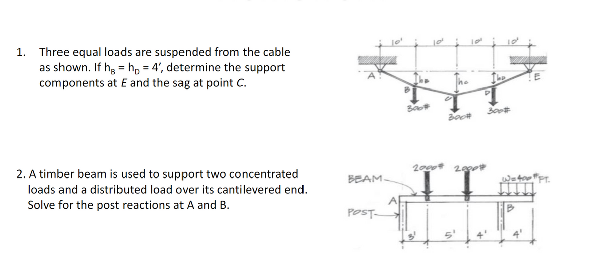 1.
Three equal loads are suspended from the cable
as shown. If h = h₁ = 4', determine the support
components at E and the sag at point C.
10 101
The
Th
E
300#
300#
300#
2. A timber beam is used to support two concentrated
loads and a distributed load over its cantilevered end.
Solve for the post reactions at A and B.
BEAM.
2000# 2000#
TT=
POST-
B
5'
4'
FT.