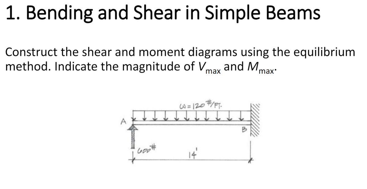1. Bending and Shear in Simple Beams
Construct the shear and moment diagrams using the equilibrium
method. Indicate the magnitude of Vmax and M
W=120#/FT.
max'
Goo#
14'
B