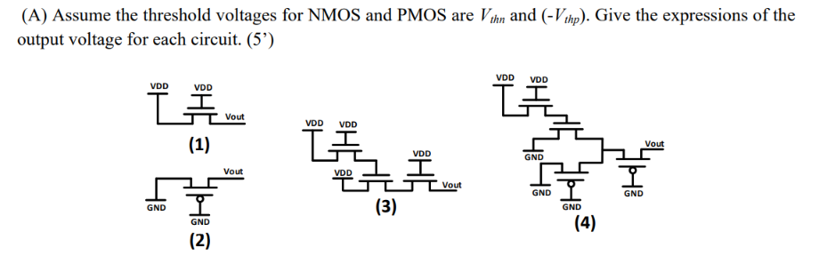 (A) Assume the threshold voltages for NMOS and PMOS are Vthn and (-Vihp). Give the expressions of the
output voltage for each circuit. (5’)
VDD
VDD
VDD
VDD
Vout
VDD
VDD
(1)
Vout
VDD
GND
Vout
VDD
Vout
GND
GND
(3)
GND
GND
(4)
GND
(2)
