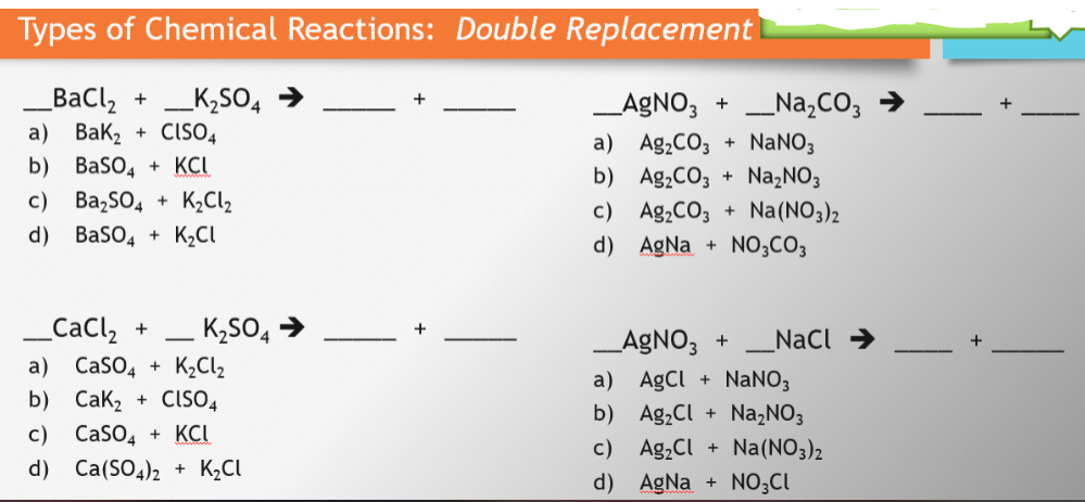 Types of Chemical Reactions: Double Replacement
__BaCl,
_K₂SO4
a) Bak₂ + CISO4
b)
BaSO4 + KCL
c)
Ba₂SO4 + K₂Cl₂
d) BaSO4 + K₂Cl
+
_CaCl₂ +
a) CaSO4 + K₂Cl₂
b) Cak₂ + CISO4
c) CaSO4 + KCI
d) Ca(SO4)2 + K₂Cl
K₂SO4 →
+
+
_AgNO3 + _Na₂CO3 →
a) Ag₂CO3 + NaNO3
Ag₂CO3 + Na₂NO3
b)
c) Ag₂CO3 + Na(NO3)2
d) AgNa + NO₂CO3
_AgNO3 + NaCl →
a) AgCl + NaNO3
b)
Ag₂Cl + Na₂NO3
c)
Ag₂Cl +
d) AgNa+ NO3Cl
Na(NO3)2
+