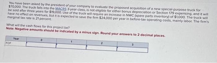 You have been asked by the president of your company to evaluate the proposed acquisition of a new special-purpose truck for
$70,000. The truck falls into the MACRS 3-year class, is not eligible for either bonus depreciation or Section 179 expensing, and it will
be sold after three years for $19,000. Use of the truck will require an increase in NWC (spare parts inventory) of $1,000. The truck will
have no effect on revenues, but it is expected to save the firm $24,000 per year in before-tax operating costs, mainly labor. The firm's
marginal tax rate is 21 percent.
What will the cash flows for this project be?
Note: Negative amounts should be indicated by a minus sign. Round your answers to 2 decimal places.
FCF
Year
0
2
3