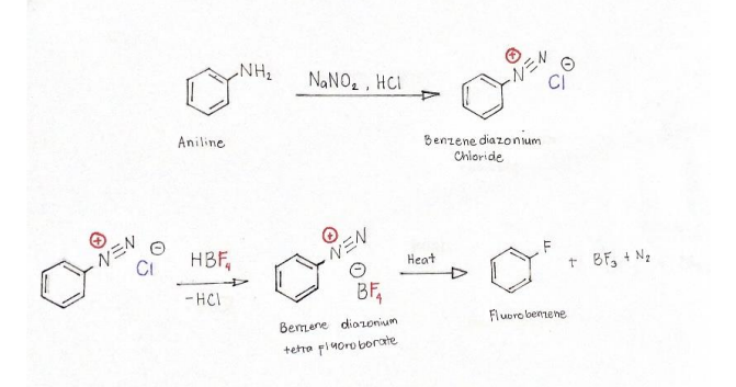 NH2
NANO2 , HCI
NEN
Aniline
Benzene diazonium
Chloride
NEN
CI
HBF,
N三V
Heat
- HCI
BF,
+ BF, + N2
Bemene diozonium
Fluoro bennene
tetra pluoro borate
