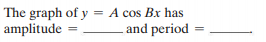 The graph of y = A cos Bx has
amplitude
%3D
and period
