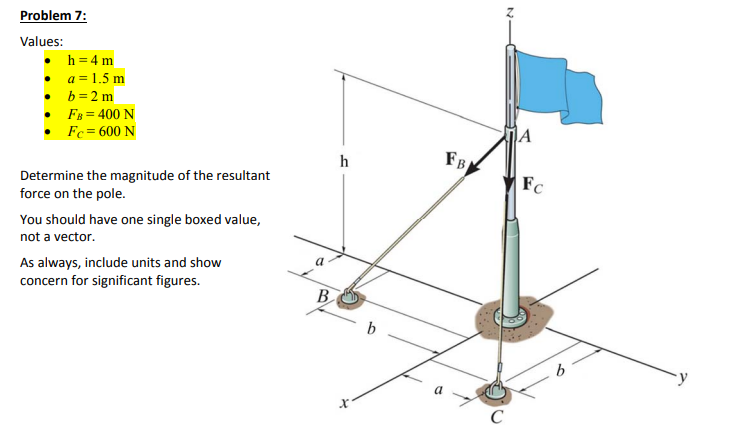 Problem 7:
Values:
h = 4 m
• a = 1.5 m
b=2 m
FB = 400 N
Fc = 600 N
Determine the magnitude of the resultant
force on the pole.
You should have one single boxed value,
not a vector.
As always, include units and show
concern for significant figures.
B
h
x
b
FB
Fc