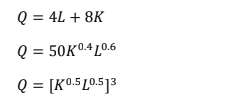 Q = 4L + 8K
Q = 50K04L0.6
Q = [K0.5 L0.5]3
