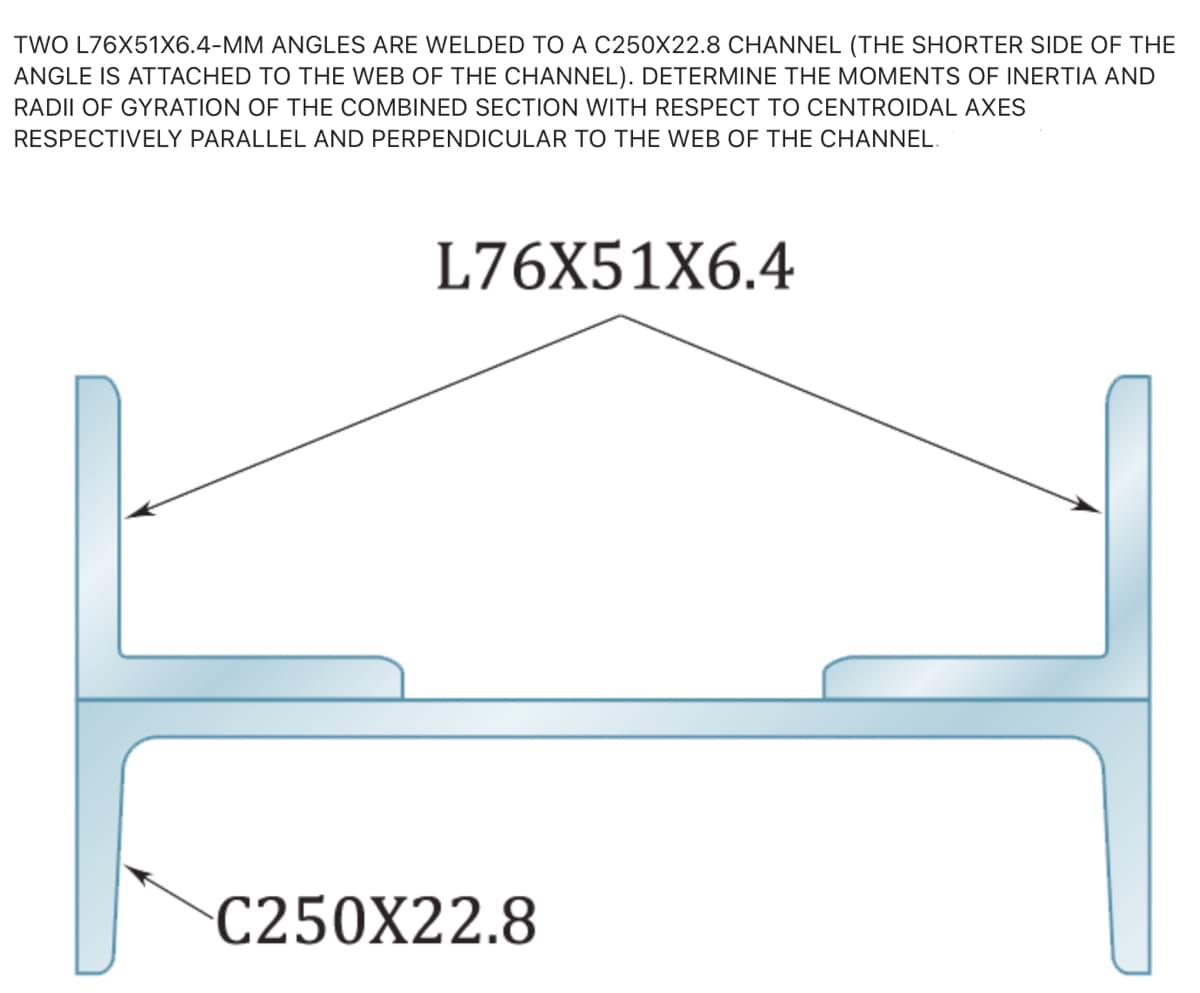 TWO L76X51X6.4-MM ANGLES ARE WELDED TO A C250X22.8 CHANNEL (THE SHORTER SIDE OF THE
ANGLE IS ATTACHED TO THE WEB OF THE CHANNEL). DETERMINE THE MOMENTS OF INERTIA AND
RADII OF GYRATION OF THE COMBINED SECTION WITH RESPECT TO CENTROIDAL AXES
RESPECTIVELY PARALLEL AND PERPENDICULAR TO THE WEB OF THE CHANNEL.
L76X51X6.4
C250X22.8
