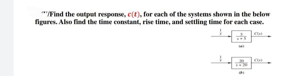 "/Find the output response, c(t), for each of the systems shown in the below
figures. Also find the time constant, rise time, and settling time for each case.
5
8+5
(a)
20
s+20
C(s)
C(s)