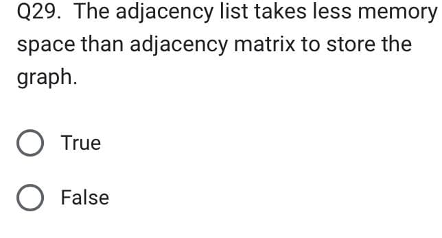 Q29. The adjacency list takes less memory
space than adjacency matrix to store the
graph.
O True
O False