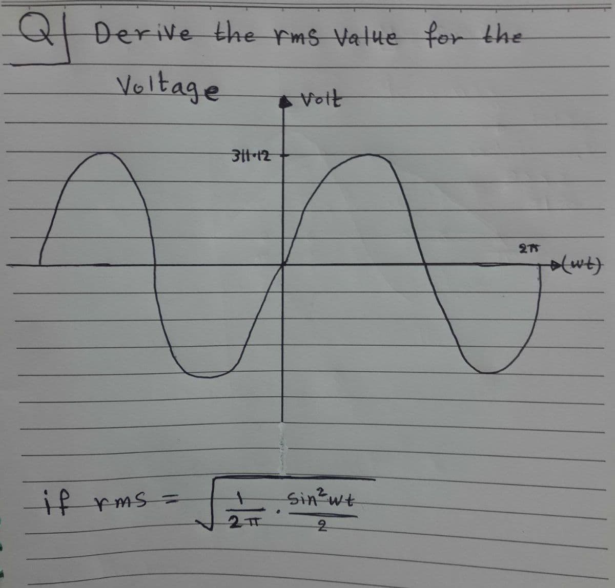 Derive the rms value for the
Voltage
fo
if rms =
311-12
2π
Vott
Sin ² wt
2
275