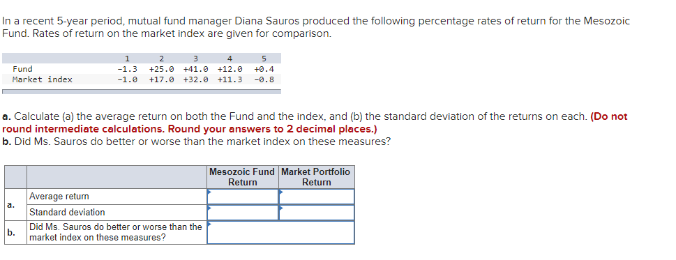 In a recent 5-year period, mutual fund manager Diana Sauros produced the following percentage rates of return for the Mesozoic
Fund. Rates of return on the market index are given for comparison.
1
2.
3
4
Fund
-1.3
+25.0
+41.0
+12.0
+0.4
Market index
-1.0
+17.0
+32.0 +11.3
-0.8
a. Calculate (a) the average return on both the Fund and the index, and (b) the standard deviation of the returns on each. (Do not
round intermediate calculations. Round your answers to 2 decimal places.)
b. Did Ms. Sauros do better or worse than the market index on these measures?
Mesozoic Fund Market Portfolio
Return
Return
Average return
Standard deviation
а.
Did Ms. Sauros do better or worse than the
b.
market index on these measures?
