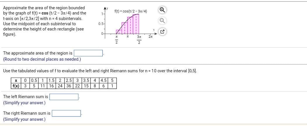 Approximate the area of the region bounded.
by the graph of f(t) = cos (t/2-3/4) and the
t-axis on [π/2,3π/2] with n = 4 subintervals.
Use the midpoint of each subinterval to
determine the height of each rectangle (see
figure).
The approximate area of the region is
(Round to two decimal places as needed.)
The left Riemann sum is
(Simplify your answer.)
0.5-
The right Riemann sum is
(Simplify your answer.)
f(t) = cos(t/2-3/4)
A
2
7
Зл 2x
Q
Q
Use the tabulated values of f to evaluate the left and right Riemann sums for n = 10 over the interval [0,5].
X
2.5 3 3.5 4 4.5 5
0 0.5 1 1.5 2
f(x) 3 5 11 16 24
36 22 15 8 6
G