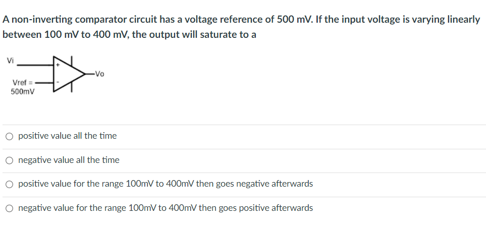 A non-inverting comparator circuit has a voltage reference of 500 mV. If the input voltage is varying linearly
between 100 mV to 400 mV, the output will saturate to a
Vi
Vref=
500mV
-Vo
O positive value all the time
O negative value all the time
O positive value for the range 100mV to 400mV then goes negative afterwards
O negative value for the range 100mV to 400mV then goes positive afterwards