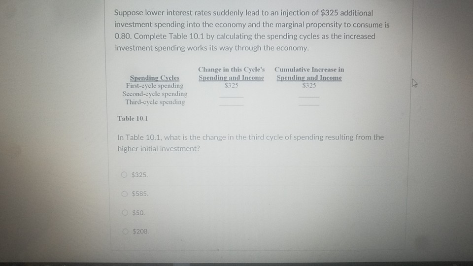 Suppose lower interest rates suddenly lead to an injection of $325 additional
investment spending into the economy and the marginal propensity to consume is
0.80. Complete Table 10.1 by calculating the spending cycles as the increased
investment spending works its way through the economy.
Spending Cycles
First-cycle spending
Second-cycle spending
Third-cycle spending
Table 10.1
Change in this Cycle's
Spending and Income
$325
Cumulative Increase in
Spending and Income
$325
In Table 10.1, what is the change in the third cycle of spending resulting from the
higher initial investment?
$325.
$585.
$50.
$208.