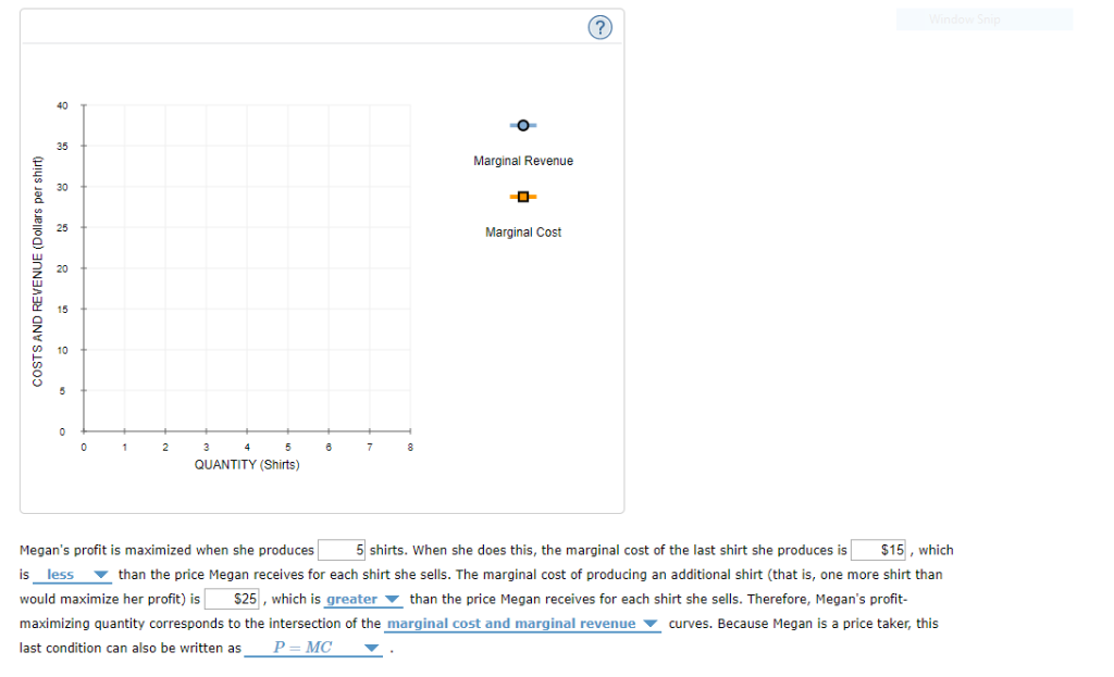 COSTS AND REVENUE (Dollars per shirt)
40
35
0
0
1
2
3
QUANTITY (Shirts)
4
6
7
8
Marginal Revenue
O
Marginal Cost
Window Snip
Megan's profit is maximized when she produces
5 shirts. When she does this, the marginal cost of the last shirt she produces is $15, which
is less
than the price Megan receives for each shirt she sells. The marginal cost of producing an additional shirt (that is, one more shirt than
would maximize her profit) is $25, which is greater than the price Megan receives for each shirt she sells. Therefore, Megan's profit-
maximizing quantity corresponds to the intersection of the marginal cost and marginal revenue curves. Because Megan is a price taker, this
last condition can also be written as P = MC