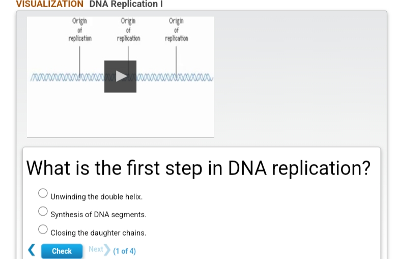 VISUALIZATION DNA Replication I
Origin
Origin
of
Origin
of
of
replication
replication
replication
What is the first step in DNA replication?
Unwinding the double helix.
Synthesis of DNA segments.
Closing the daughter chains.
Check
Next (1 of 4)
