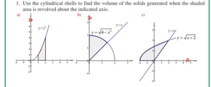 1. Use the cylindrical shells to find the volume of the solids generated when the shaded
area is revolved about the indicated axis.
a)
b)
y=r
-y = V+2
