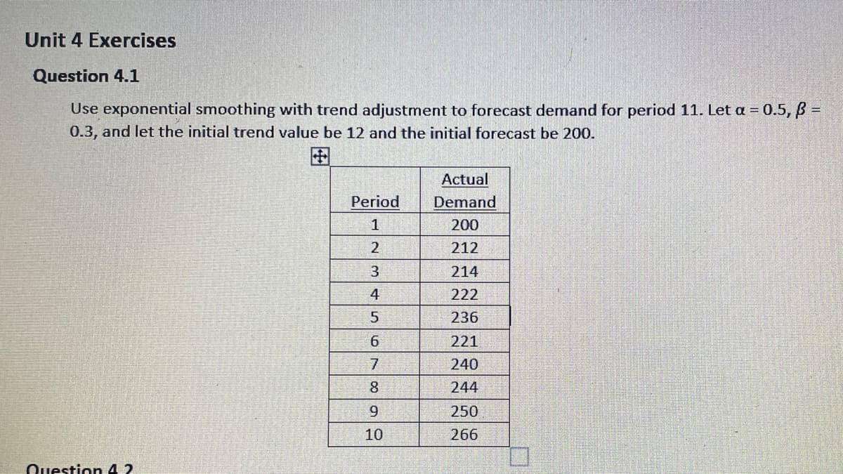 Unit 4 Exercises
Question 4.1
Use exponential smoothing with trend adjustment to forecast demand for period 11. Let a = 0.5, B =
0.3, and let the initial trend value be 12 and the initial forecast be 200.
田
Actual
Period
Demand
1
200
2
212
3
214
4
222
236
221
7
240
8
244
9
250
10
266
Question 4 2
