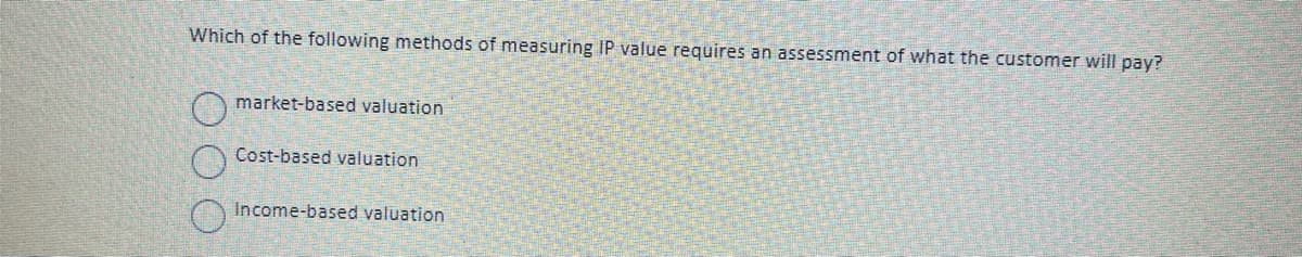 Which of the following methods of measuring IP value requires an assessment of what the customer will pay?
market-based valuation
Cost-based valuation
Income-based valuation