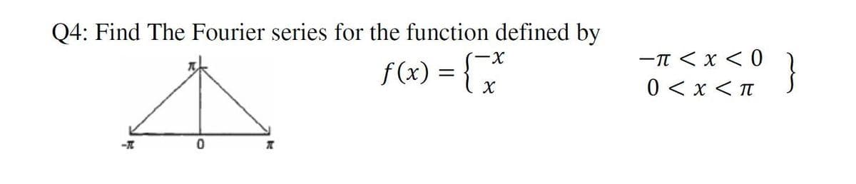 Q4: Find The Fourier series for the function defined by
-T < x < 0
0 < x <T
-X
f (x) = {
}
-
