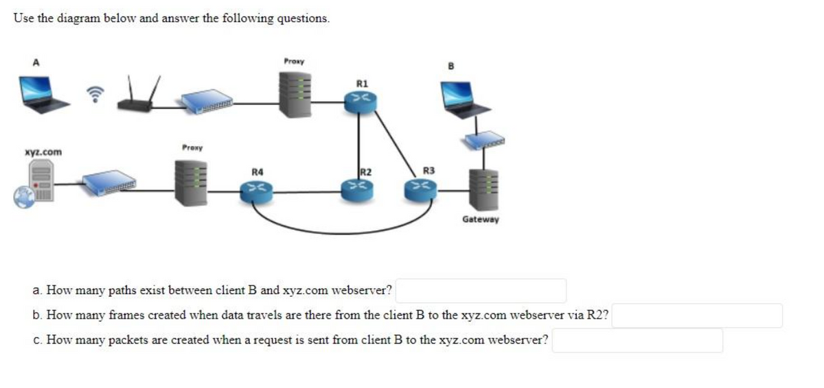 Use the diagram below and answer the following questions.
Prony
B
R1
Prony
xyz.com
R4
R2
R3
Gateway
a. How many paths exist between client B and xyz.com webserver?
b. How many frames created when data travels are there from the client B to the xyz.com webserver via R2?
c. How many packets are created when a request is sent from client B to the xyz.com webserver?
